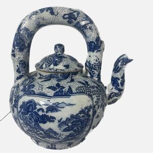 Vintage Asian Blue and White Glazed Porcelain Teapot Nature